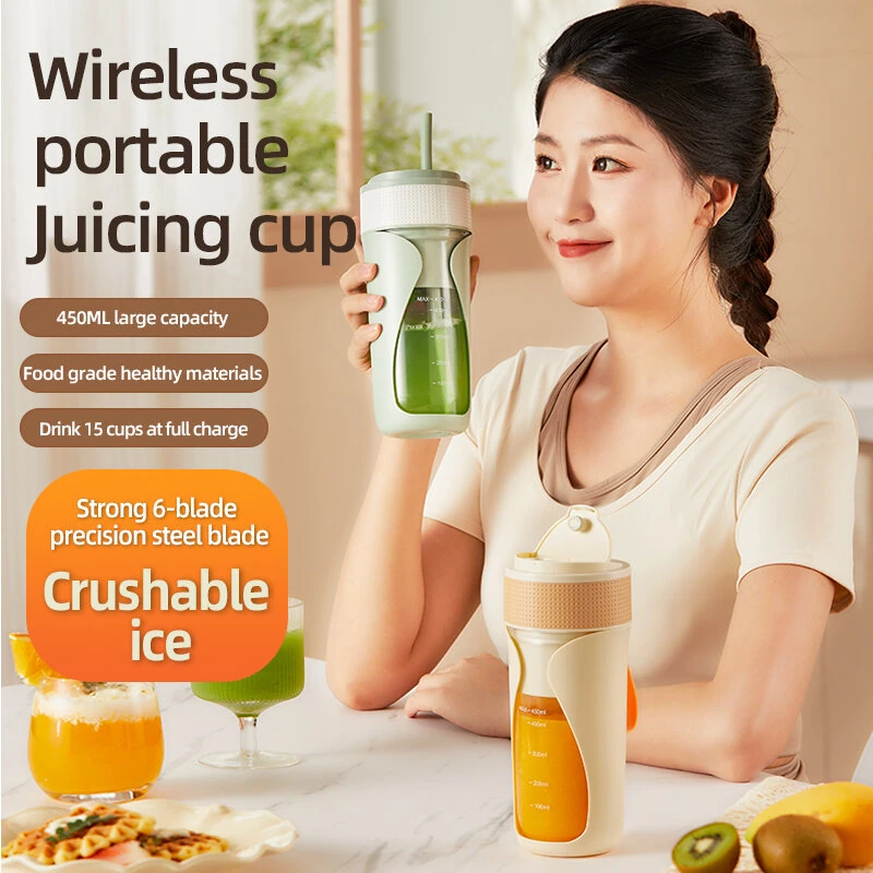 (image for) 450ML Small Portable Multi-function Juicer Cordless Electric Juicing Cup with Removable Straw Strong 6-Blade Precision Steel Blade